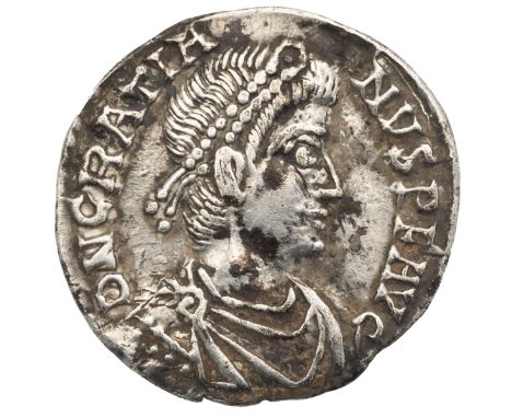 367-383 AD Gratian silver AR Siliqua, Lugdunum (Lyon) mint (RIC 27). Obverse: draped and diademed bust, facing right with 'D 