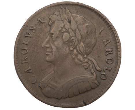 1675 King Charles II copper Halfpenny coin (S 3393). Obverse: left-facing laureate cuirassed bust, 'CAROLVS &middot; A &middo