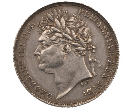 1821 King George IV silver Sixpence with Pistrucci portrait and first reverse design (S 3813). Obverse: left facing laureate 