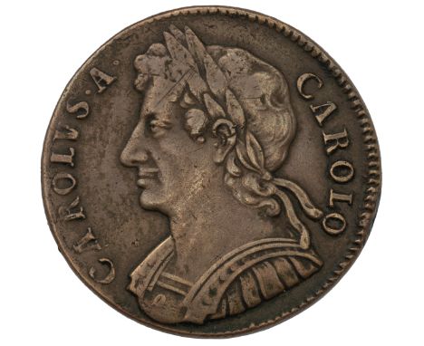 1673 high-grade King Charles II copper Halfpenny (S 3363). Obverse: old, laureate cuirassed bust, facing left with 'CAROLVS &