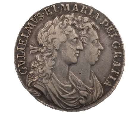 1689 King William III and Queen Mary II silver Halfcrown with a frosted caul and no pearls (S 3434, ESC 503). Obverse: first 