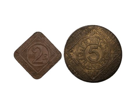 Two (2) examples of WWI Necessity Money occupation coinage from the city of Ghent, Belgium. Includes (1) 1917 plated iron Fiv