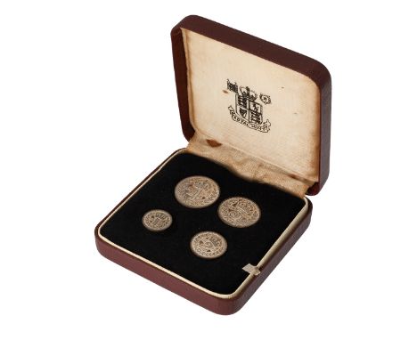 1973 Queen Elizabeth II silver Maundy Money four coin set in a Royal Mint presentation box. Includes (1) 1973 Maundy Fourpenc