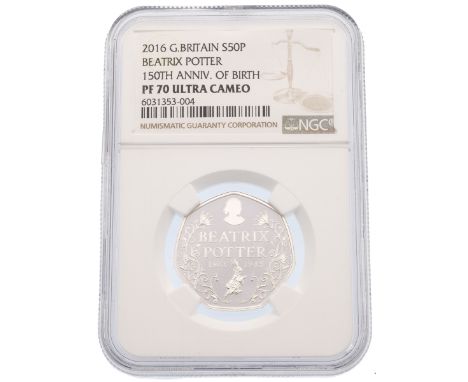 2016 Beatrix Potter 150th Anniversary silver proof 50p graded PF 70 ULTRA CAMEO with box and COA. Obverse: Jody Clark's portr