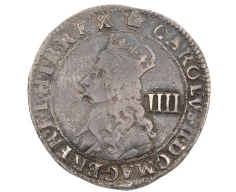1660-1662 undated third issue King Charles II late hammered Fourpence (S 3324). Obverse: crowned left-facing bust with a mark