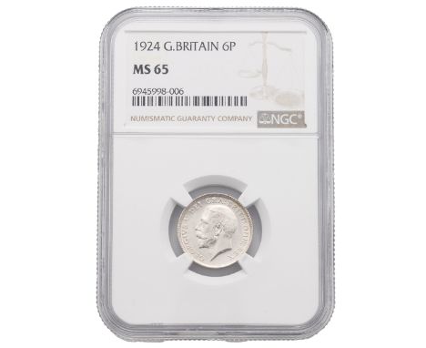 1924 King George V second coinage silver Sixpence graded MS 65 by NGC (S 4024, ESC 1810). Obverse: left-facing portrait of Ki