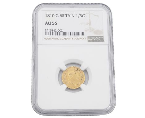 1810 King George III gold third type Third Guinea with graded AU 55 by NGC (S 3740, Bull 879). Obverse: second laureate head 