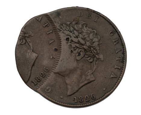 1826 George IV copper Halfpenny with impressive misstrike error with around 20% double struck (S 3824). Obverse: laureate bus