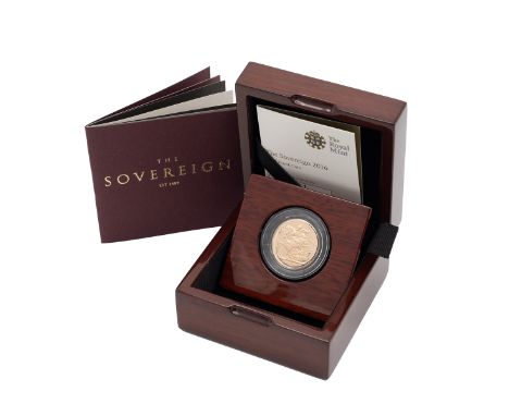UPDATED 2016 Queen Elizabeth II gold proof 'full' Sovereign from The Royal Mint in the original box of issue. Obverse: Jody C