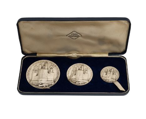 1969 Charles Prince of Wales Investiture 3-piece antiqued silver medal set by John Pinches. Includes (1) large medal 106.65 g