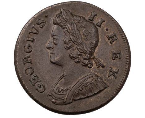 1738 King George II uncirculated copper Halfpenny with young laureate cuirassed bust (S 3717). Obverse: left-facing portrait 