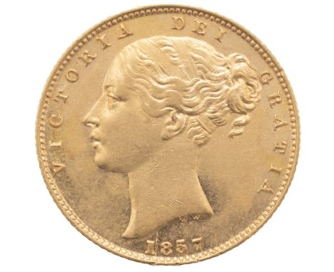 1857 Queen Victoria 'Young Head' gold Sovereign with close date (S 3852D, Marsh 40). Obverse: bare head left-facing portrait 