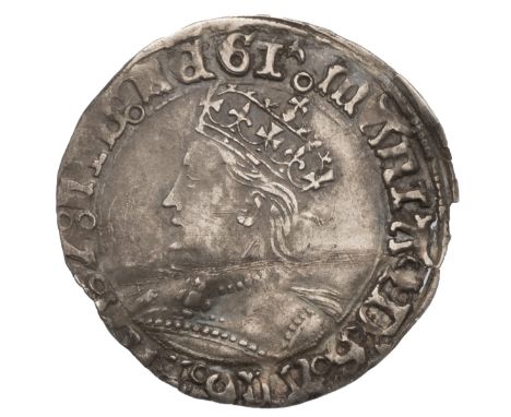 1553-1554 Queen Mary I hammered silver Groat with pomegranate mintmark (S 2492, North 1960). Obverse: crowned bust facing lef