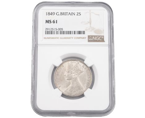 1849 Queen Victoria scarce silver 'Godless' Florin or Two Shillings graded MS 61 by NGC (S 3890). Obverse: left-facing crowne
