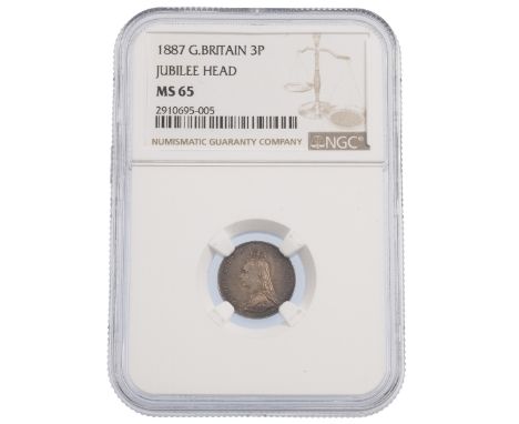 1887 Queen Victoria Jubilee Head silver Threepence coin graded MS 65 by NGC (S 3931). Obverse: crowned and veiled portrait of