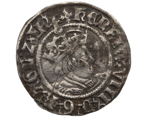 1526-1532 Henry VIII silver Halfgroat Canterbury mint coin with cross patonce mintmark (S 2543). Obverse: right-facing crowne