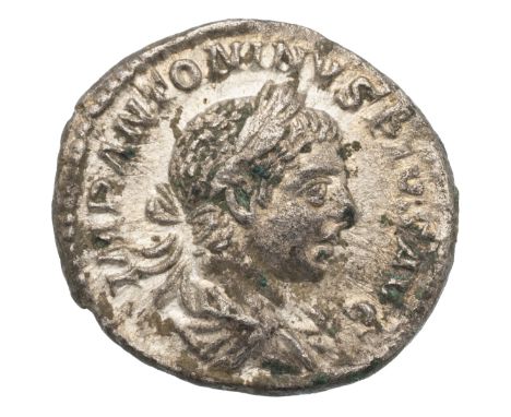 218-222 AD Elagabalus silver AR Denarius (Sear 7516). Obverse: laureate draped bust, 'IMP ANTONINVS PIVS AVG' around. Reverse