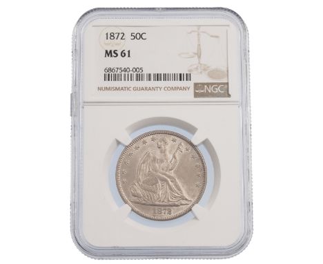 1872 United States Seated Liberty Philadelphia silver Half Dollar 50&cent; graded MS 61 by NGC (KM 99). Obverse: Liberty seat