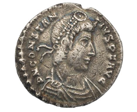 337-361 AD Constantius II silver AR Siliqua, Lugdunum (Lyon) mint (Sear 17932). Obverse: draped, cuirassed and diademed bust 