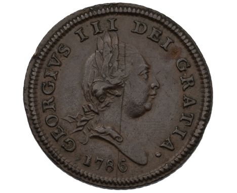 1786 King George III copper Isle of Man Halfpenny with engrailed edge. Obverse: right-facing laureate bust of the King by Lew