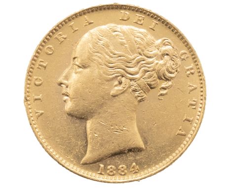 1884-M Queen Victoria Melbourne mint gold 'Young Head' Sovereign (Marsh 65, S 3854A). Obverse: William Wyon's filleted bust o
