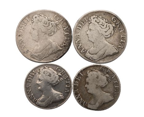 Four (4) Queen Anne post-Union with Scotland silver Shillings and Sixpences. Includes (1) 1711 Shilling with fourth bust, S 3