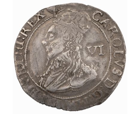 1632-1633 Charles I group D hammered silver Sixpence, Tower under the King (S 2811). Obverse: fourth type tall bust with crow