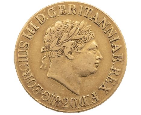 1820 King George III gold 'full' Sovereign with second laureate head (Marsh 4, S 3785C). Obverse: right-facing bust surrounde