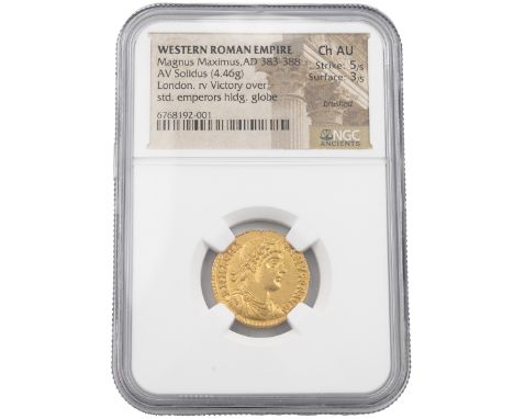 383-388 AD Magnus Maximus gold AV Solidus, London graded Ch AU by NGC (S 741). Obverse: right facing laureate draped bust, 'D