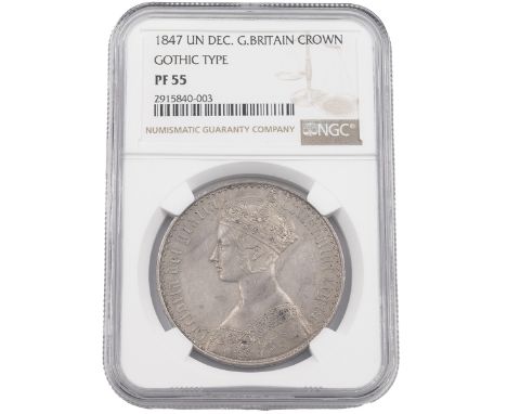1847 Queen Victoria silver 'Gothic' type Crown engraved by William Wyon graded PF 55 by NGC (S 3883). Obverse: left-facing po