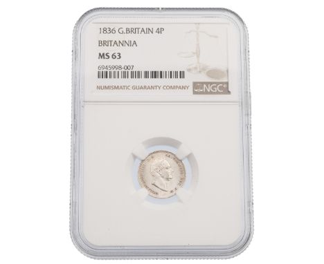 1836 King William IV silver Fourpence 4p, reintroduced in this year, graded MS 63 by NGC. Obverse: right-facing bare head bus