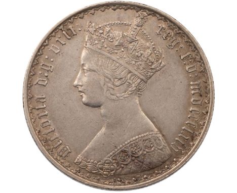 1864 Queen Victoria type B2 'Gothic' Florin designed by William Wyon (S 3892). Obverse: elaborate crowned bust of Victoria, f