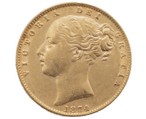 1874-M Queen Victoria Melbourne mint gold 'Young Head' Sovereign (Marsh 96, S 3853B). Obverse: William Wyon's filleted bust o