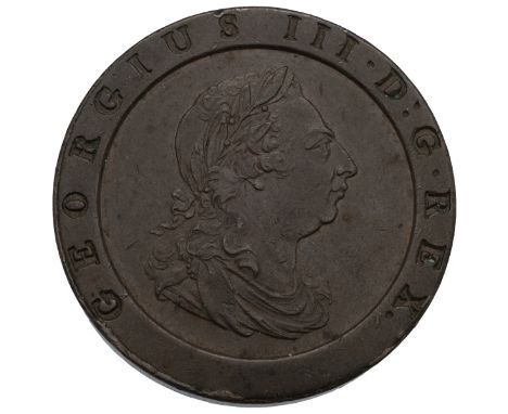 1797 King George III Soho Mint copper 'Cartwheel' Twopence coin (S 3776). Obverse: laureate draped bust with 'GEORGIUS III &m