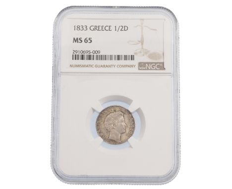 1833 Greek King Otto Munich mint silver Half Drachma (1/2D) coin graded MS 65 by NGC (KM 19). Obverse: portrait of Othon of G