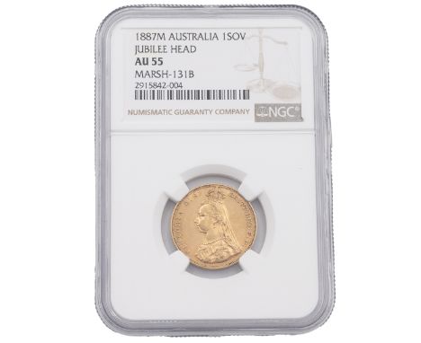 1887M Melbourne gold 'Hooked J' Sovereign graded AU 55 by NGC (Marsh 131B, S 3867). Obverse: 'Jubilee Head' portrait of Queen