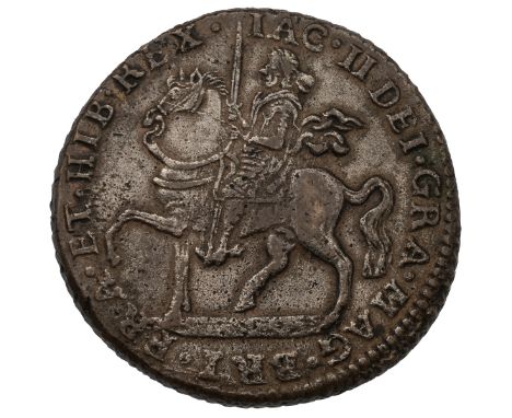 1690 King James II Irish Halfcrown-type brass Gun Money Crown coin (S 6578). Obverse: armoured soldier, riding right and hold