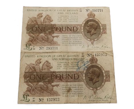 Two (2) 1922-1923 King George V United Kingdom and Northern Ireland One Pound (&pound;1) banknote (P  361b/a). Obverses: unda