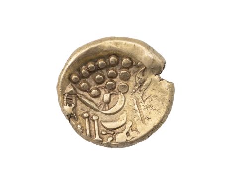 Circa 65 BC 'Chute' type British A gold Stater (S 22, ABC 746). Obverse: wreath and crescents. Reverse: disjointed horse left