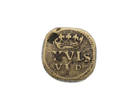 1612-1619 King James I round-type Spur Ryal coin weight with value marked as 16s 6d. Obverse: a crown with '&middot; XVI &mid