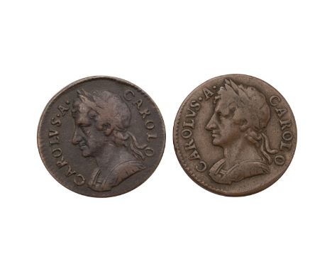 Two (2) 1670s King Charles II early milled copper Farthings (S 3394). Includes (1) 1674 Farthing, and (2) 1679 Farthing. Obve