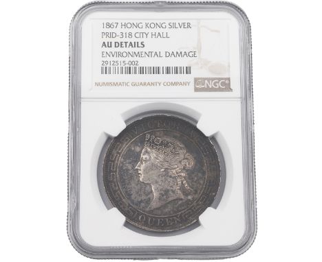 1867 Hong Kong Mint Queen Victoria 'City Hall' medallic silver Dollar graded AU DETAILS by NGC. Obverse: left facing portrait