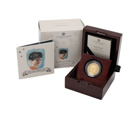 2022 Harry Potter Royal Mint gold proof quarter ounce 1/4oz coin in original 25 Years of Magic box. Obverse: Jody Clark's por