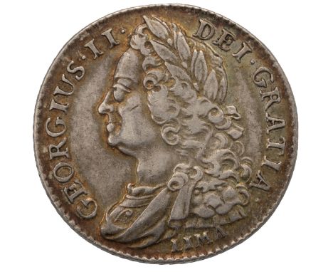 1745 silver Shilling of King George II with 'LIMA' below the bust (S 3703, ESC 1205). Obverse: old laureate bust, facing left