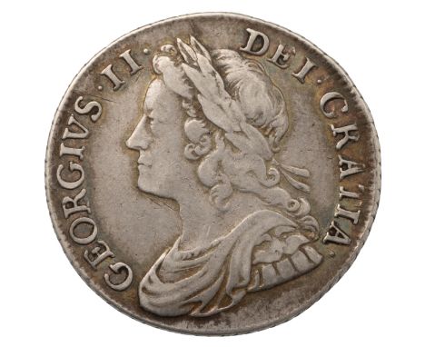 1741 King George II silver Shilling with roses in the angles on the reverse (S 3701). Obverse: young laureate, draped and cui