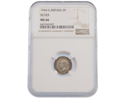 1944 Top Pop King George VI silver Threepence coin graded MS 66 by NGC (S 4085, ESC 2158). Obverse:  left-facing bare-headed 