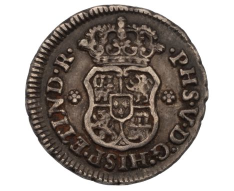 1746 King Philip V silver Half Real coin; final issue from the year of Felipe's death. Obverse: crowned arms with flowers on 