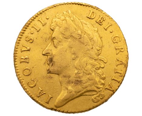 1685 gold 'full' Guinea from the first year of King James II's reign (S 3400, Farey 260, Bull 321). Obverse: first laureate b
