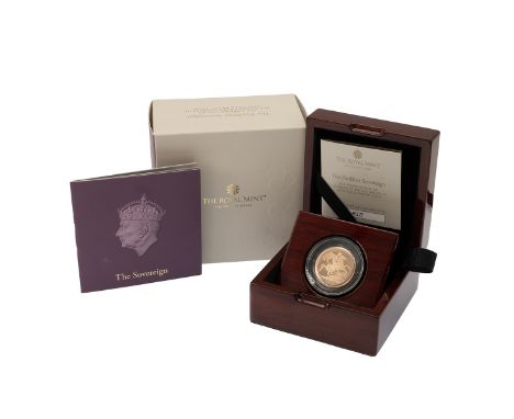 2023 low mintage King Charles III proof piedfort Sovereign with crowned royal portrait. Obverse: left-faced portrait of His M