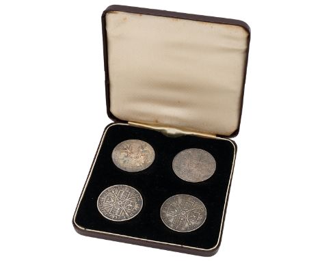 1887-1890-dated Double Florin specimen four-coin Queen Victoria Jubilee Head set in fitted case. Includes (1) 1887 Double Flo